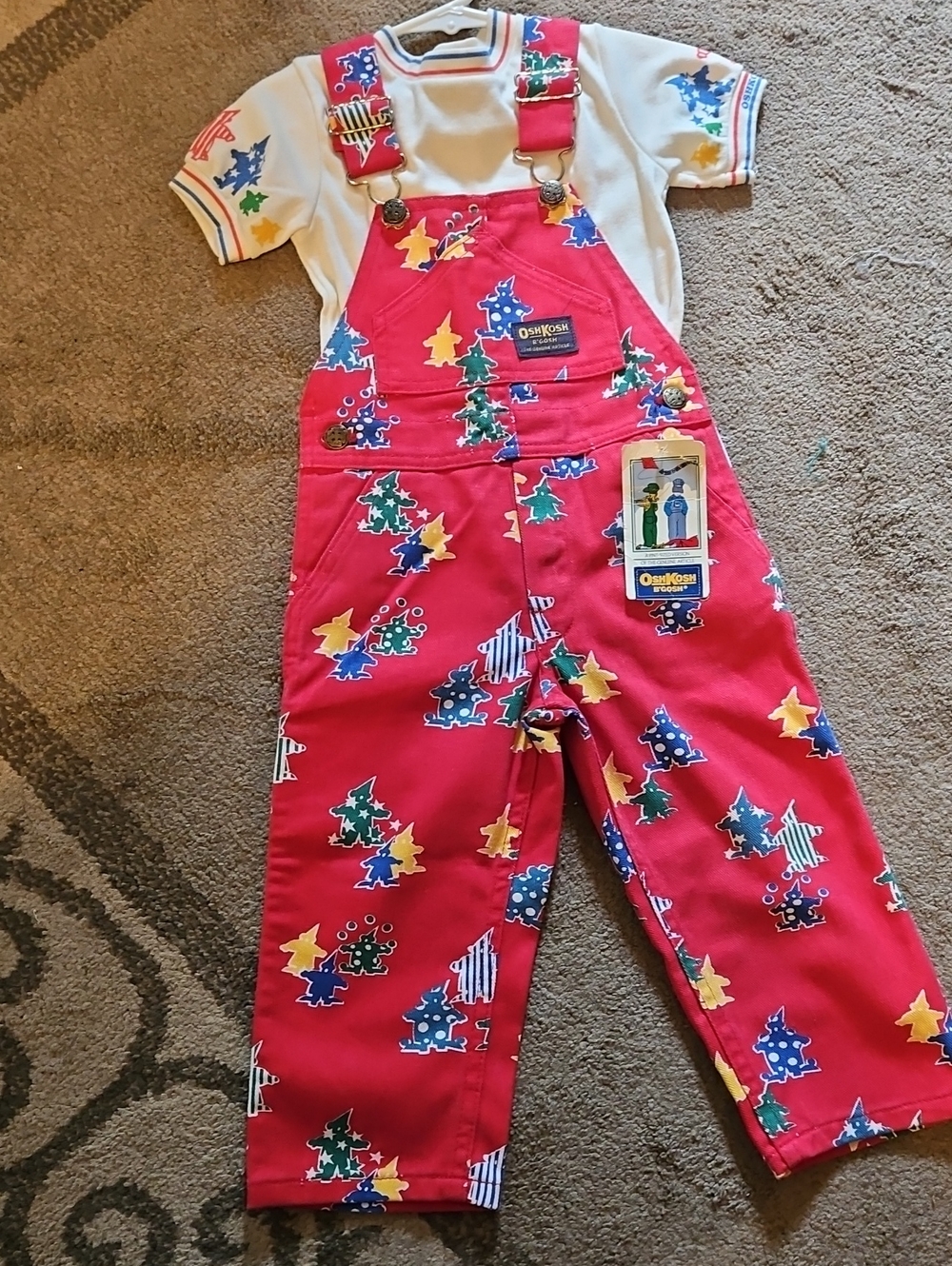 Vintage OshKosh B'gosh Red Holiday Tree Print Overalls Pajama Set